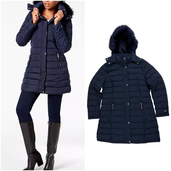 Tommy Hilfiger Women’s Navy TH Flex Puffer Coat w/ Faux Fur Hood – Size Large - Picture 1 of 15